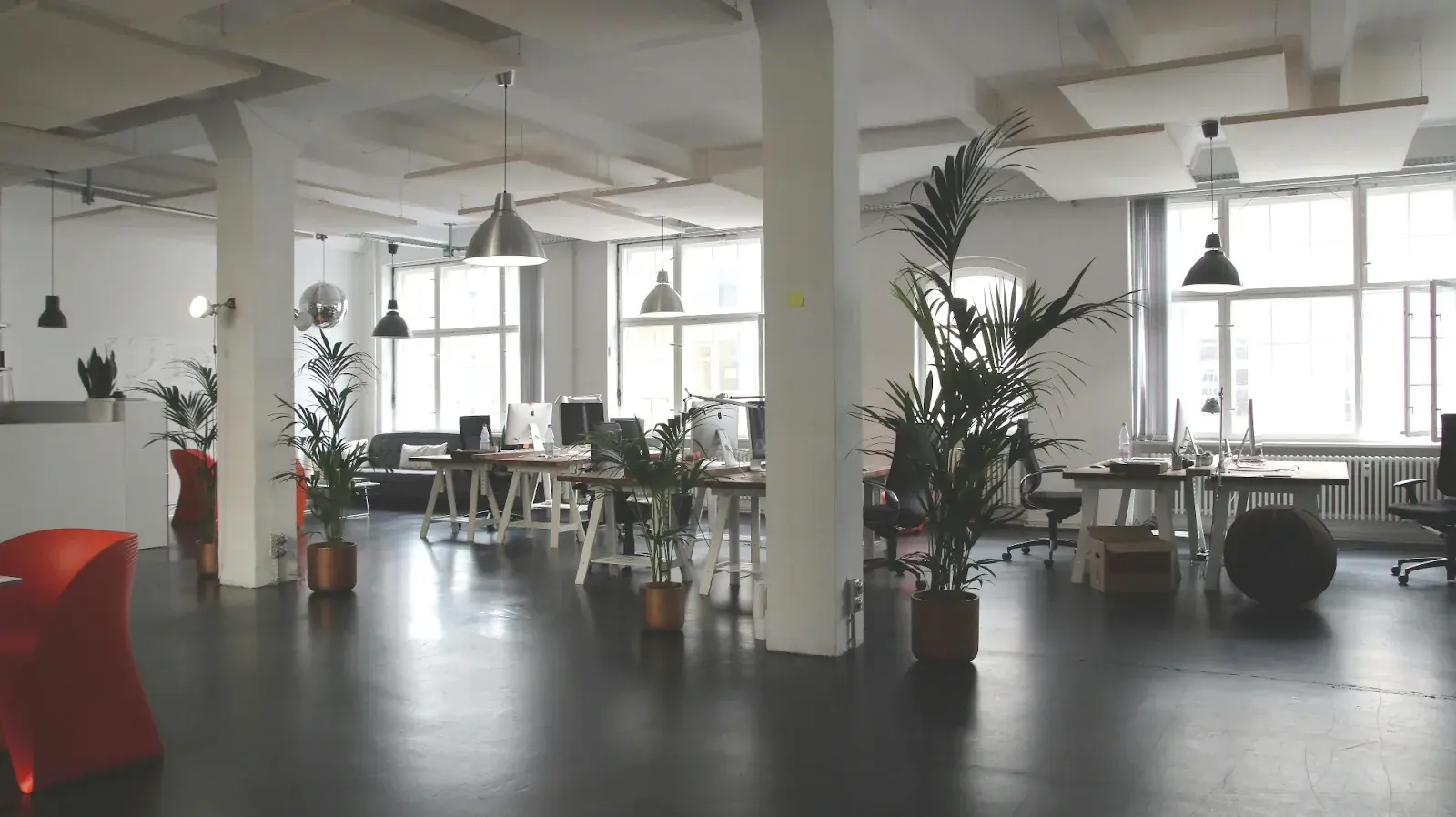 An empty office space with plants, a few desks, and large windows