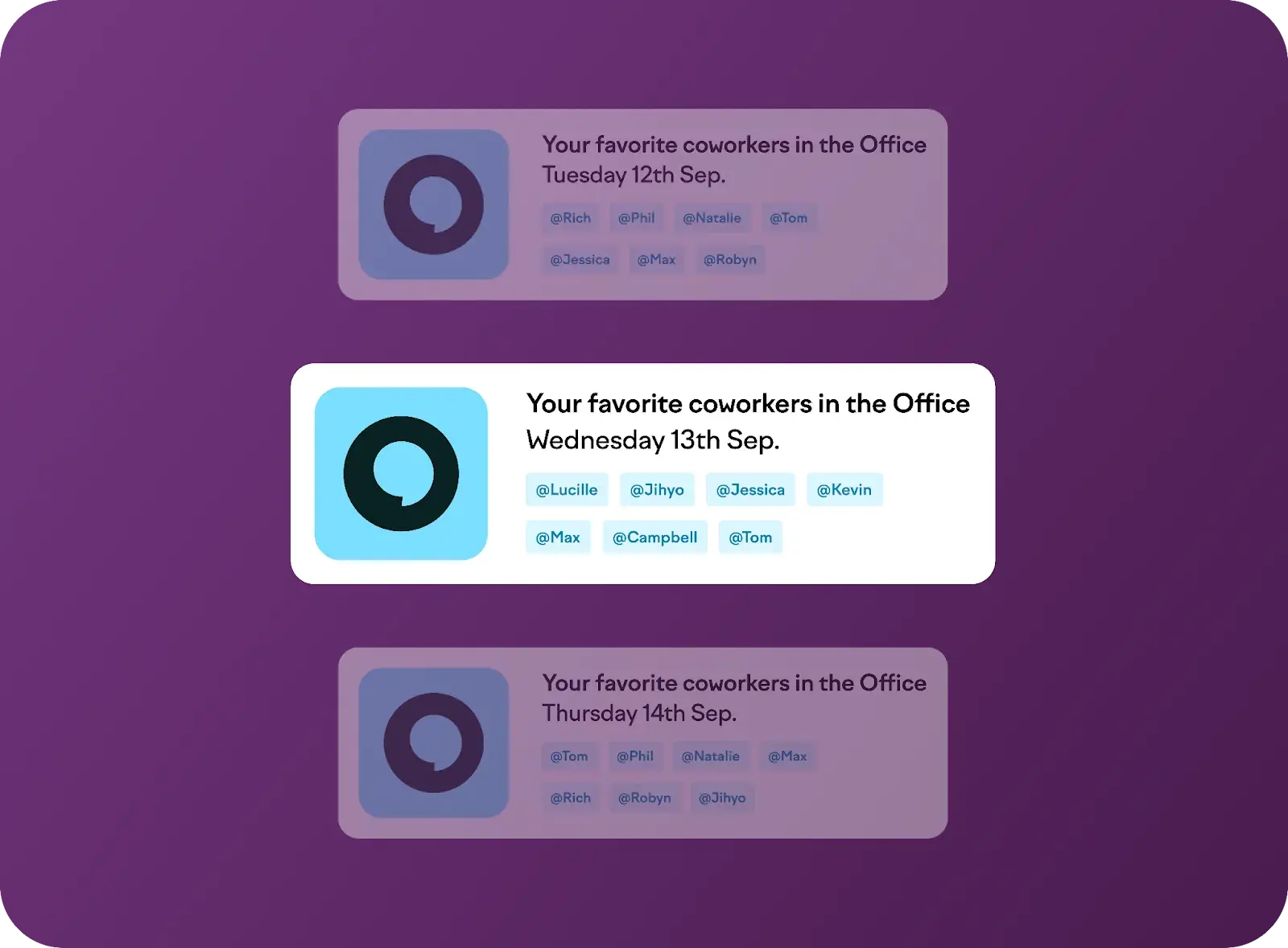 A screenshot of Officely’s notifications with example “Your favorite coworkers in the Office Wednesday 13”