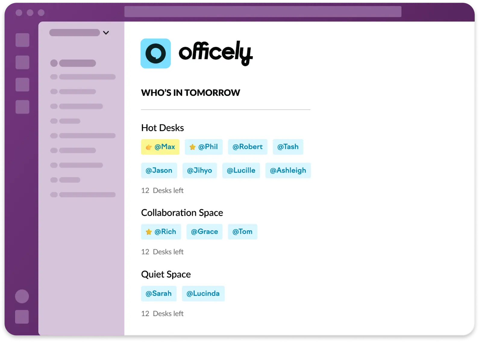 A screenshot of Officely’s Who’s In Tomorrow screen in Slack