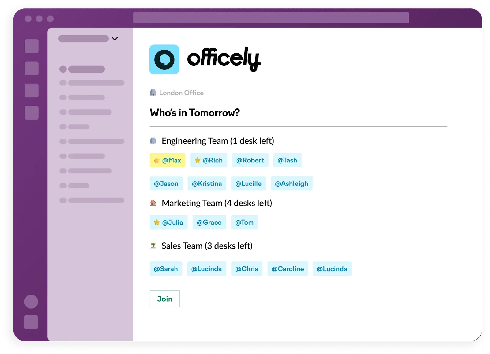 A screenshot of Officely’s Who’s In Tomorrow screen within Slack