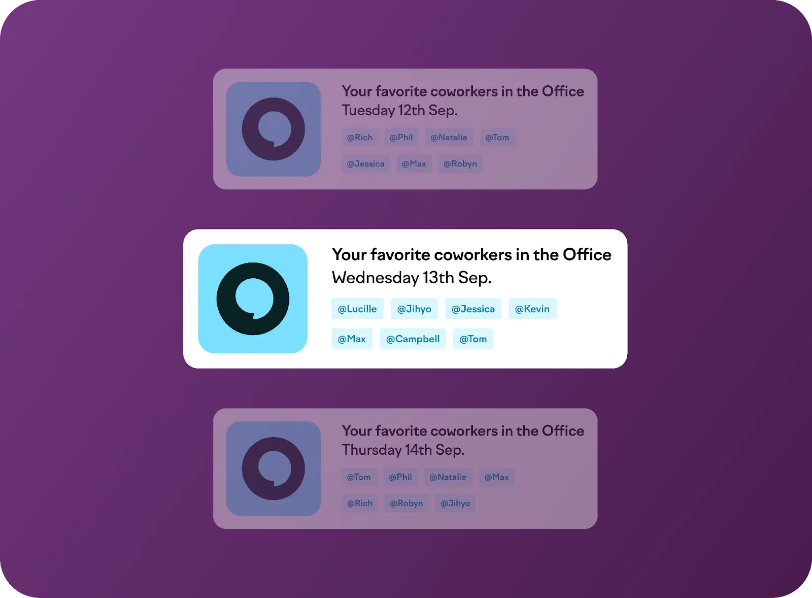 Officely’s Slack notification that reads “Your favorite coworkers in the Office Wednesday 13th Sep”